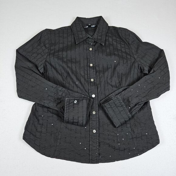 Lafayette 148 New York Blouse Women 14 Black Sequins Embroidered Striped FLAWED - Picture 1 of 16